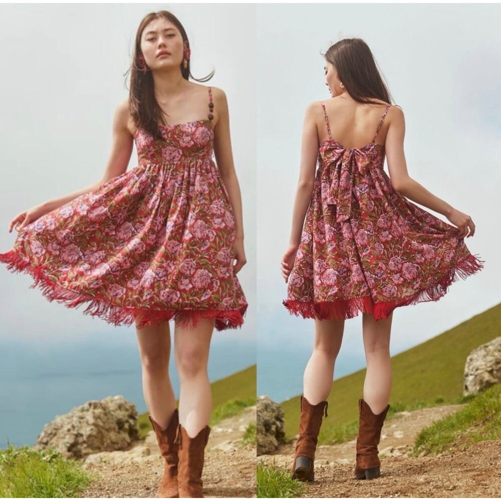 Eddy Gavin Fringe Mini Dress Imperial Red Blush Floral XXS 23093-250 NWT